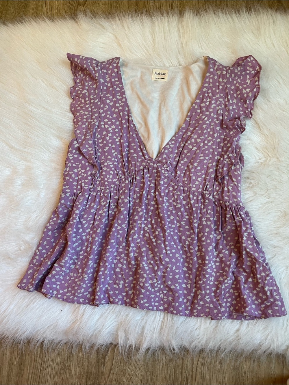 Peach Love California Purple Floral Ruffle V-Neck Peplum Blouse Size L